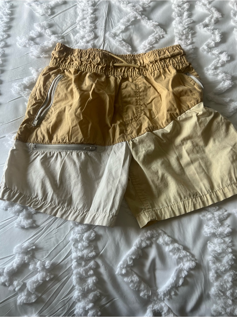 Boys Two-Tone Tan Beach Shorts with Zipper Pockets